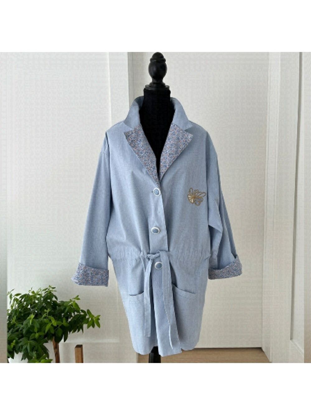 FARINI Vintage Jacket Pinstripe Floral Accents Notch Lapel Classic Spring Pastel